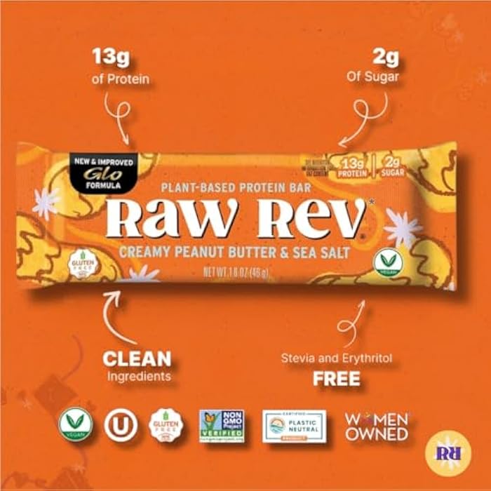 Raw Rev Glo ألواح بروتين نباتية خام ريف - زبدة الفول السوداني الكريمية وملح البحر، 12 لوح، غير معدلة وراثيًا، محايدة بلاستيكيًا، لا شيء صناعي، صيغة جلو، خالية من الجلوتين، مناسبة للكيتو، باليو، كوشير، خالية من الصويا، لا تحتوي على كحول السكر، لا ستيفيا. - Image 3