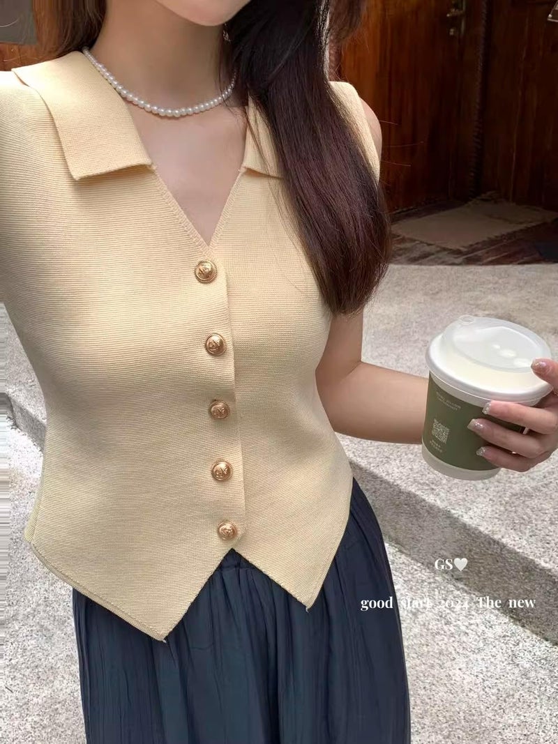 ICW Women's Knitted Ribbed Golden Button Sleeveless Polo Collar Crop Vest Sling Cami Tank Top Dn83157 (in, Alpha, M, Regular, Cream) - Image 4