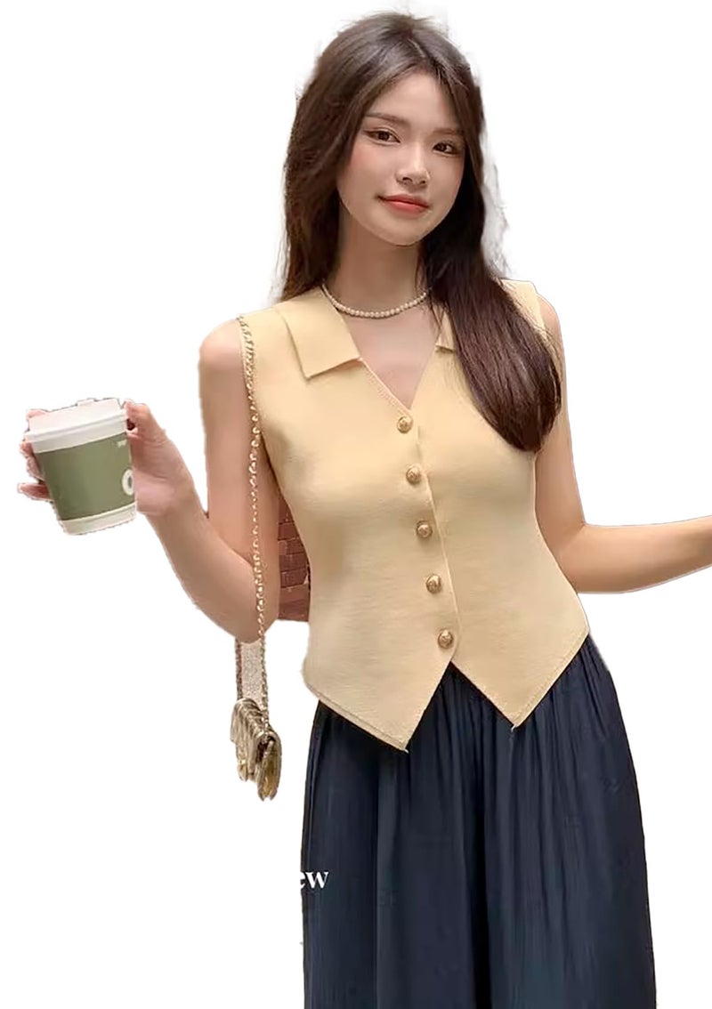 ICW Women's Knitted Ribbed Golden Button Sleeveless Polo Collar Crop Vest Sling Cami Tank Top Dn83157 (in, Alpha, M, Regular, Cream) - Image 1