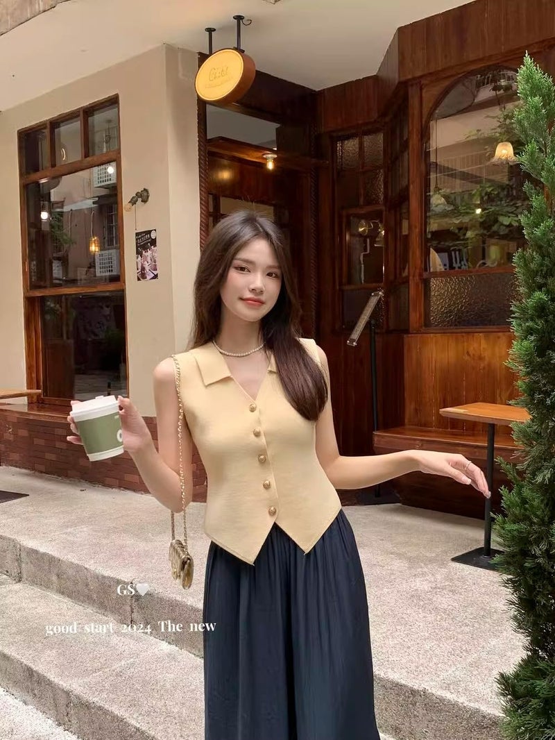 ICW Women's Knitted Ribbed Golden Button Sleeveless Polo Collar Crop Vest Sling Cami Tank Top Dn83157 (in, Alpha, M, Regular, Cream) - Image 2