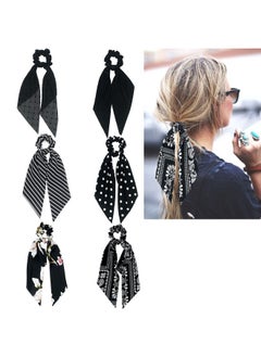 Black Scrunchies Scarf Hair Ribbon Ties Hair Scrunchie With Tails Long Bow Bowknot Hair Scarf Scrunchies Hair Bands Hair Elastic Hair Scrunchy Ponytail Holder For Women Lady Girls (6Pcs)
