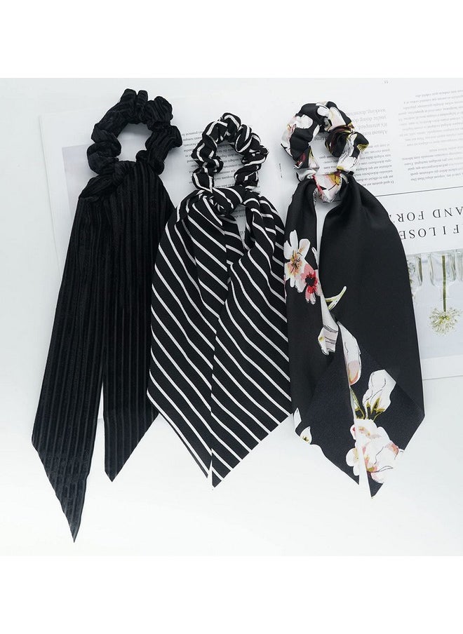 Funlovin - Black Scrunchies Scarf Hair Ribbon Ties Hair Scrunchie With Tails Long Bow Bowknot Hair Scarf Scrunchies Hair Bands Hair Elastic Hair Scrunchy Ponytail Holder For Women Lady Girls (6Pcs) - Image 1