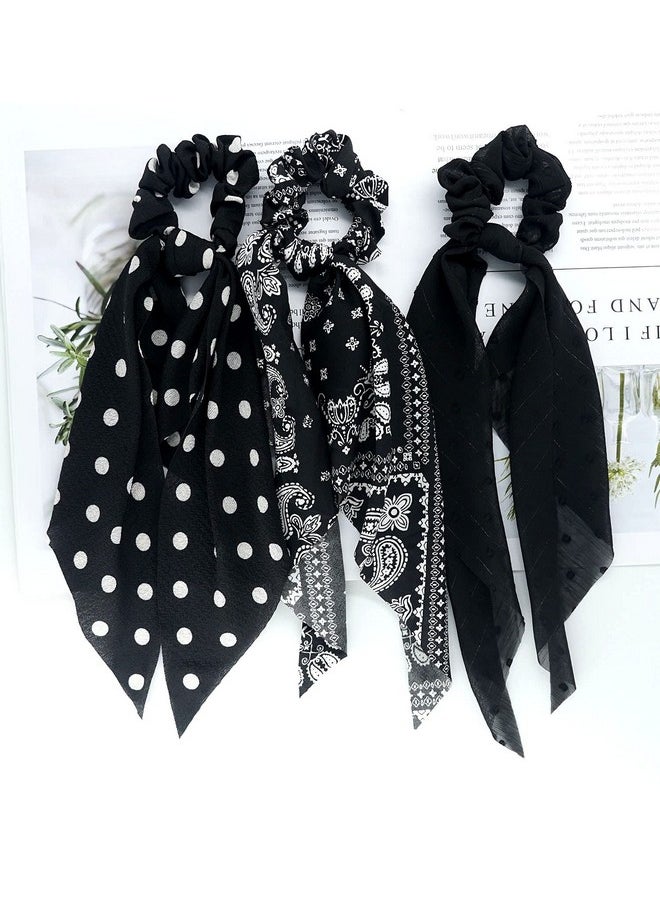 Funlovin - Black Scrunchies Scarf Hair Ribbon Ties Hair Scrunchie With Tails Long Bow Bowknot Hair Scarf Scrunchies Hair Bands Hair Elastic Hair Scrunchy Ponytail Holder For Women Lady Girls (6Pcs) - Image 1