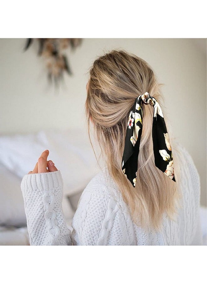 Funlovin - Black Scrunchies Scarf Hair Ribbon Ties Hair Scrunchie With Tails Long Bow Bowknot Hair Scarf Scrunchies Hair Bands Hair Elastic Hair Scrunchy Ponytail Holder For Women Lady Girls (6Pcs) - Image 1