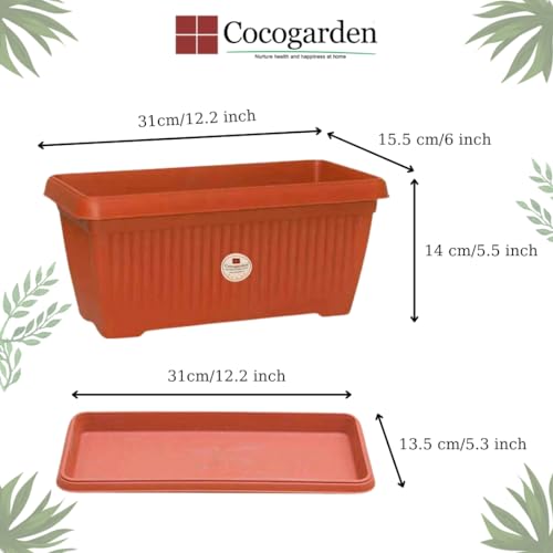 cocogarden Rectangle 12 inch Window Planters Pots for Plants with Tray (Pack of 2,Terracotta Colour) - Image 2