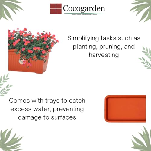 cocogarden Rectangle 12 inch Window Planters Pots for Plants with Tray (Pack of 2,Terracotta Colour) - Image 4