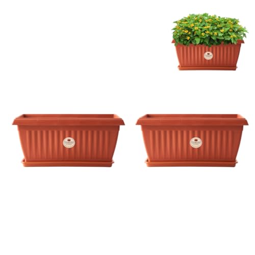 cocogarden Rectangle 12 inch Window Planters Pots for Plants with Tray (Pack of 2,Terracotta Colour) - Image 1