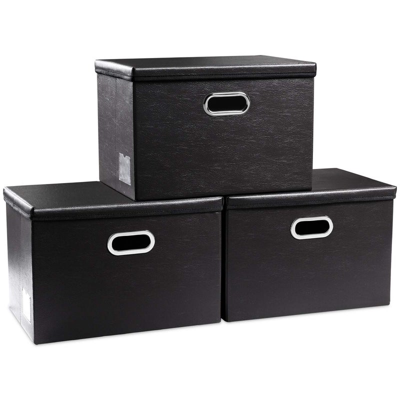 PRANDOM Large Foldable Storage Bins with Lids 3Pack Leather Fabric Collapsible Storage Boxes Organizer Containers Baskets Cube with Cover for Home Bedroom Closet Office Black177x118x118