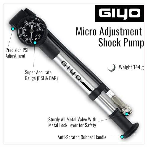 GIYO High Pressure Shock Pump 350 PSI Strong Lever Lock for No Air Loss Aluminum Barrel 15 Dial Gauge MicroAdjust Bleeder 360 Rotating Hose TaiwanMade - Image 3