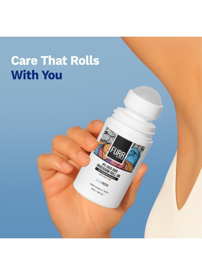 FURR 4% AHA BHA Underarm Roll On with Kojic Acid | 40ml | Aqua Fresh Fragrance | Helps Reduce Pigmentation, Prevents Body Odour & Brightens Skin | Dermatologically Tested | Antiperspirant - Image 2