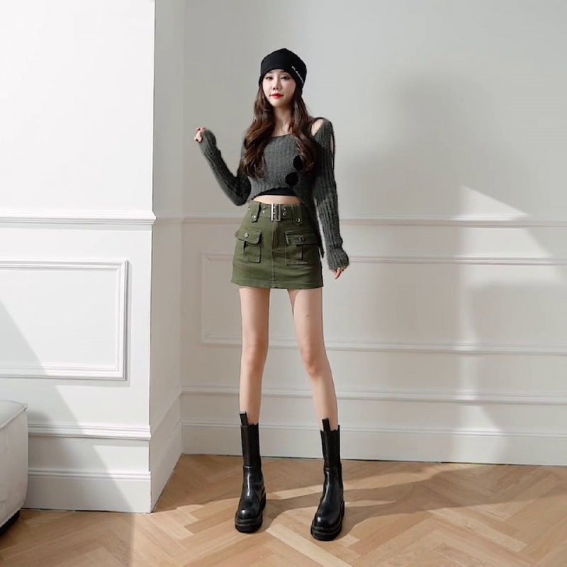 Brown Denim Short Skirt Women'S 2024A Bust Skirt High Waist Slim-Fit Anti-Glare Slimming Hip Skirt Pants Skirt - Image 4