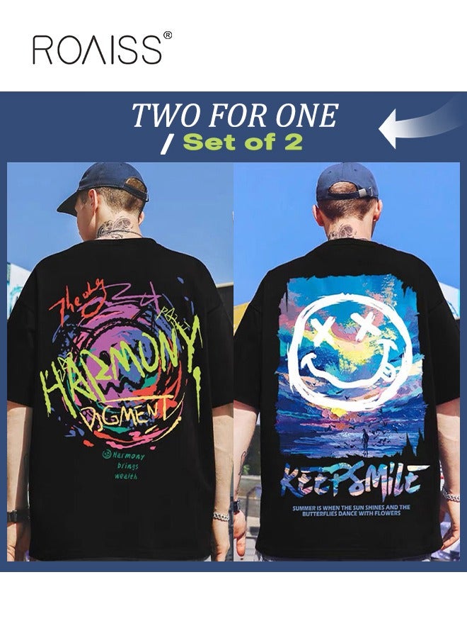 roaiss 2Pcs Men's T-shirt Loose Version Trendy All-Match Pattern Printing Short Sleeves - Image 1