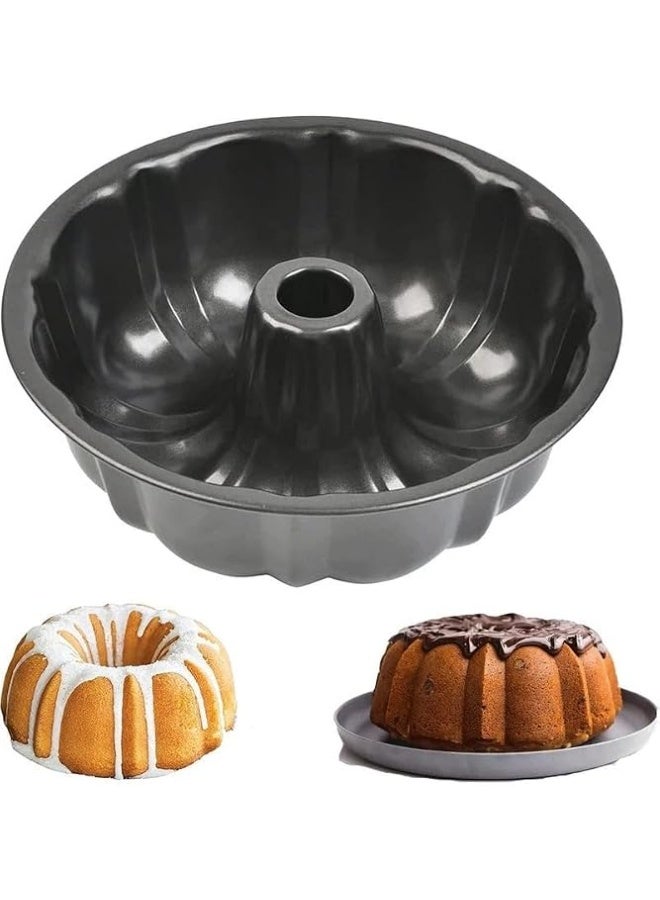 Ring Cake Tin, 24cm Tin Round Cake Pan Tray, Non-Stick Baking Moulding Tin, Carbon Steel,Fluted Ring Pan - Black - Image 1