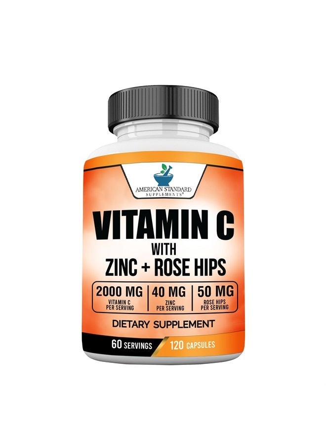 American Standard Supplements فيتامين سي 2000 ملغ، زنك 40 ملغ، وورود الورد 50 ملغ لكل حصة – نباتي، خالي من الغلوتين، غير معدل وراثيًا، 120 كبسولة، 60 حصة - Image 1