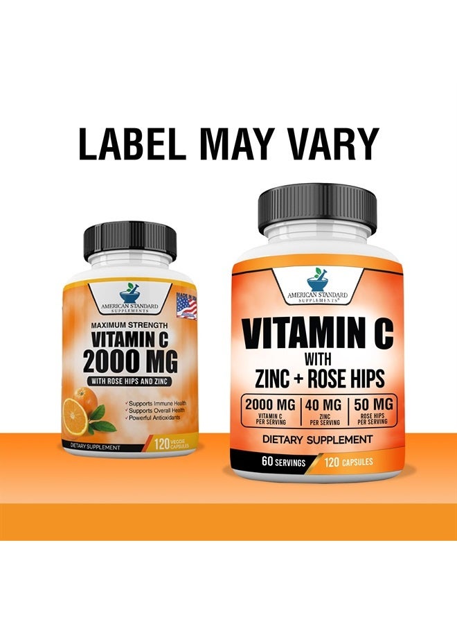 American Standard Supplements فيتامين سي 2000 ملغ، زنك 40 ملغ، وورود الورد 50 ملغ لكل حصة – نباتي، خالي من الغلوتين، غير معدل وراثيًا، 120 كبسولة، 60 حصة - Image 2