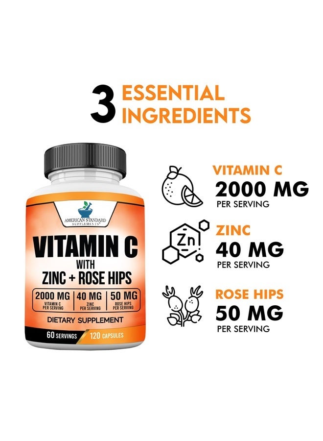 American Standard Supplements فيتامين سي 2000 ملغ، زنك 40 ملغ، وورود الورد 50 ملغ لكل حصة – نباتي، خالي من الغلوتين، غير معدل وراثيًا، 120 كبسولة، 60 حصة - Image 4