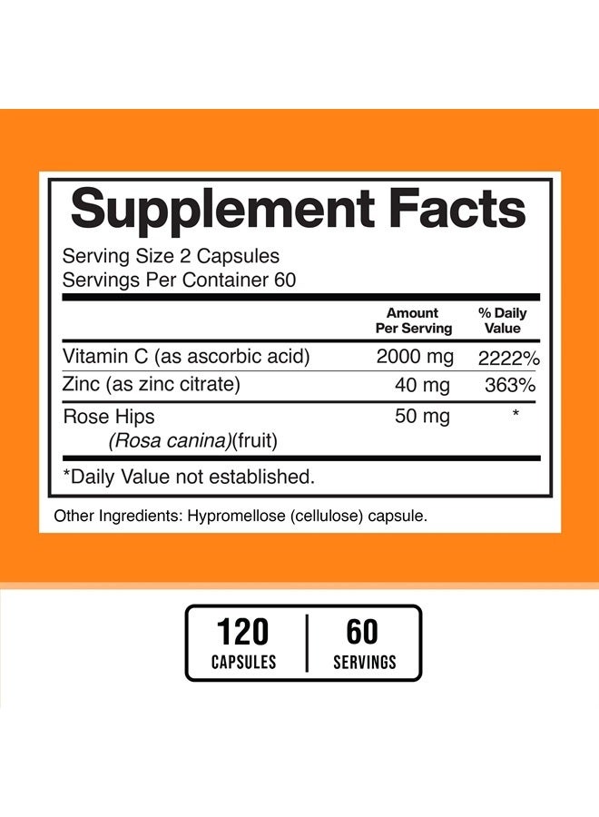 American Standard Supplements فيتامين سي 2000 ملغ، زنك 40 ملغ، وورود الورد 50 ملغ لكل حصة – نباتي، خالي من الغلوتين، غير معدل وراثيًا، 120 كبسولة، 60 حصة - Image 3