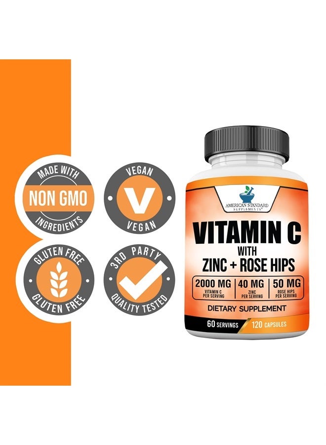 American Standard Supplements فيتامين سي 2000 ملغ، زنك 40 ملغ، وورود الورد 50 ملغ لكل حصة – نباتي، خالي من الغلوتين، غير معدل وراثيًا، 120 كبسولة، 60 حصة - Image 5