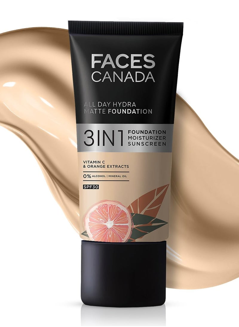 Faces Canada - FACES CANADA All Day Hydra Matte Foundation | 3-in-1 Foundation + Moisturizer + SPF 30 | 24 HR Aloe Hydration & Vitamin C | 10HR Long Wear | Medium to High Buildable Coverage | Absolute Ivory 012 | 25ml - Image 1