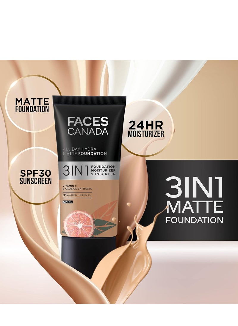 Faces Canada - FACES CANADA All Day Hydra Matte Foundation | 3-in-1 Foundation + Moisturizer + SPF 30 | 24 HR Aloe Hydration & Vitamin C | 10HR Long Wear | Medium to High Buildable Coverage | Absolute Ivory 012 | 25ml - Image 1