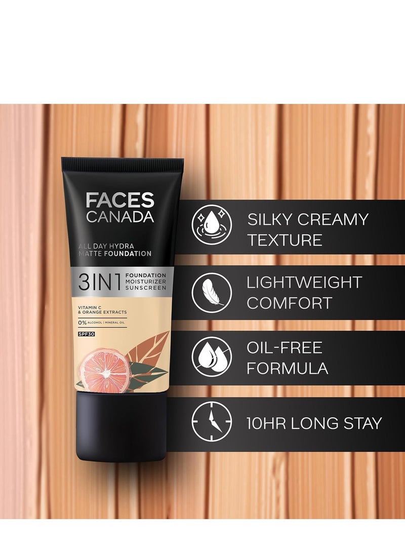 Faces Canada - FACES CANADA All Day Hydra Matte Foundation | 3-in-1 Foundation + Moisturizer + SPF 30 | 24 HR Aloe Hydration & Vitamin C | 10HR Long Wear | Medium to High Buildable Coverage | Absolute Ivory 012 | 25ml - Image 1