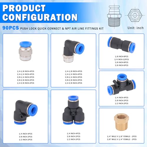 XaXmTee 90 Pcs Quick Connect Air Line Fittings Kit Pneumatic Push Lock Air Fittings 1/8",1/4",3/8",1/2" Push to Connect & NPT Thread Air Hose Fittings Quick Release Airline Fitting Kit - Image 2