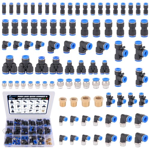 XaXmTee 90 Pcs Quick Connect Air Line Fittings Kit Pneumatic Push Lock Air Fittings 1/8",1/4",3/8",1/2" Push to Connect & NPT Thread Air Hose Fittings Quick Release Airline Fitting Kit - Image 1