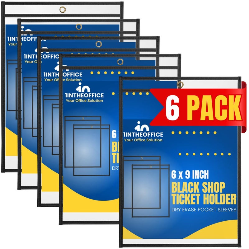 1InTheOffice Dry Erase Pocket Sleeves, Black Shop Job Ticket Holders 6x9, (6 Pack) - Image 1