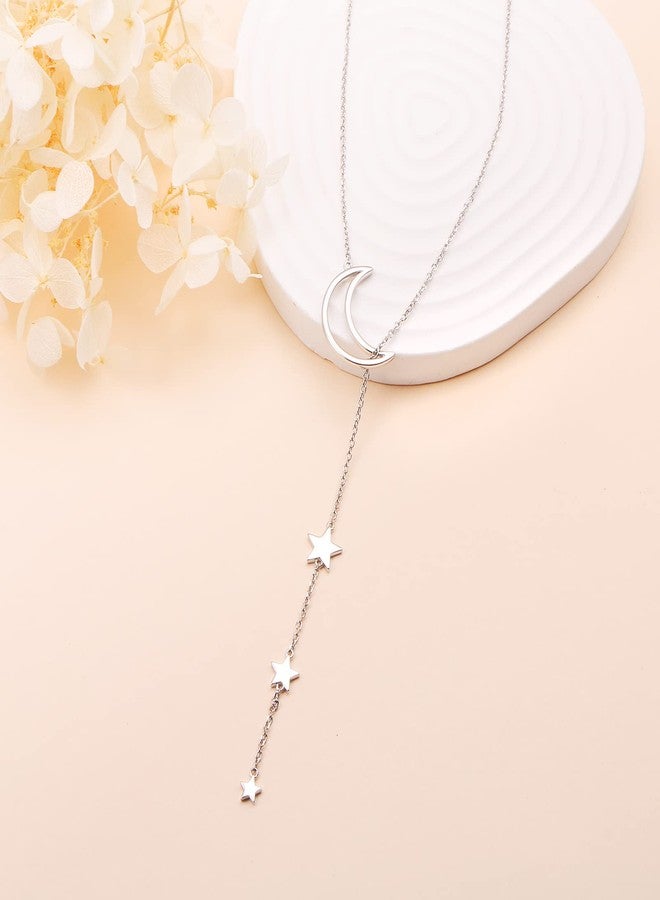 DAOCHONG Moon Star Y Shaped Lariat Necklace Sterling Silver Lariat Long Chain Drop Adjustable Necklace Layered Necklace 30" - Image 4