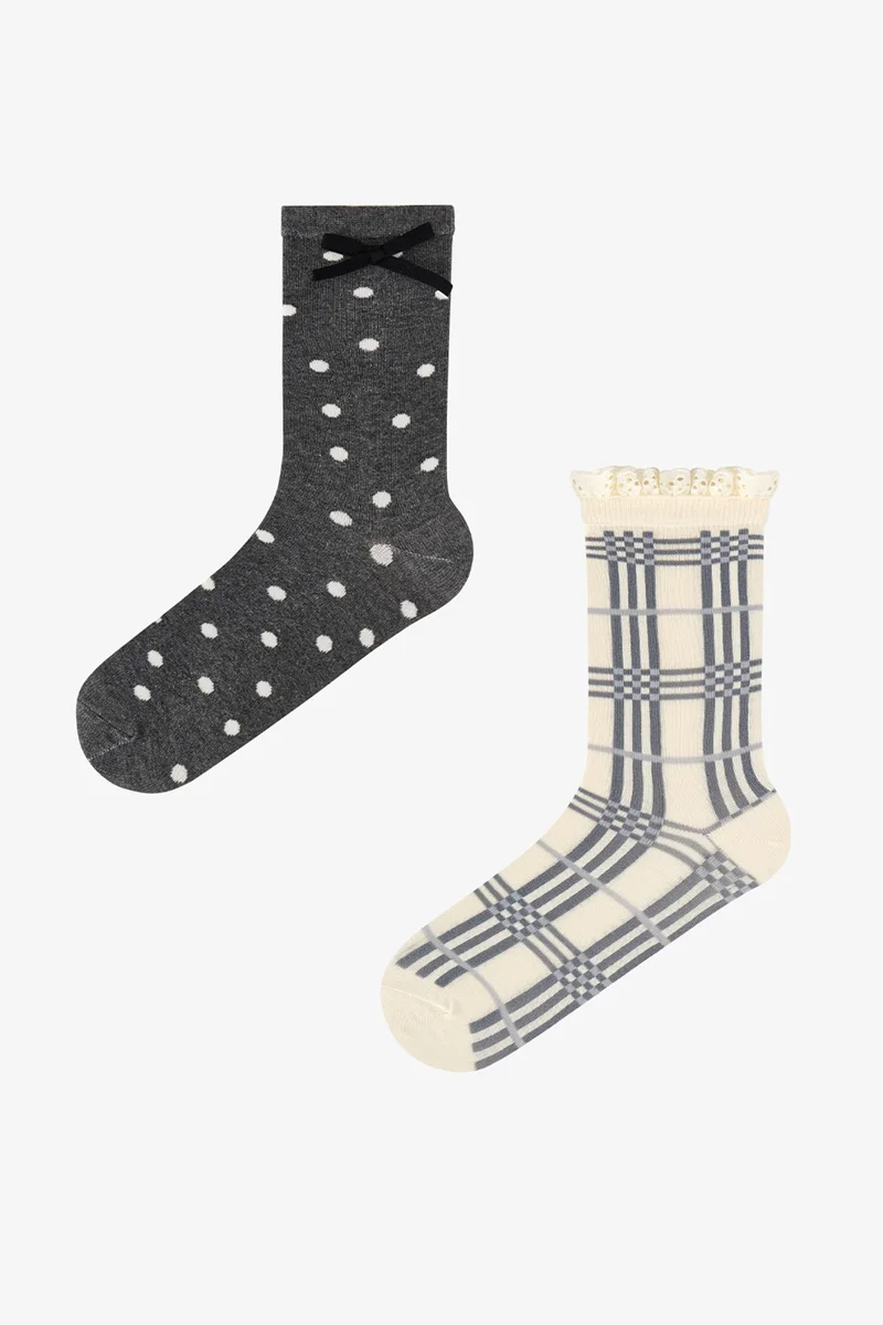 بنتي PENTI Plaid Lace Checked Cotton Pair Crew Socks