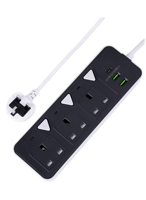 3 Power Sockets + 2 USB Auto Max 3.4A Charging Socket – Fast Charging, PD Type-C Jack, Anti-Static Protection, Heavy-Duty Extension Cord – 2500W MX55 Power Capacity – Ideal for Home & Office