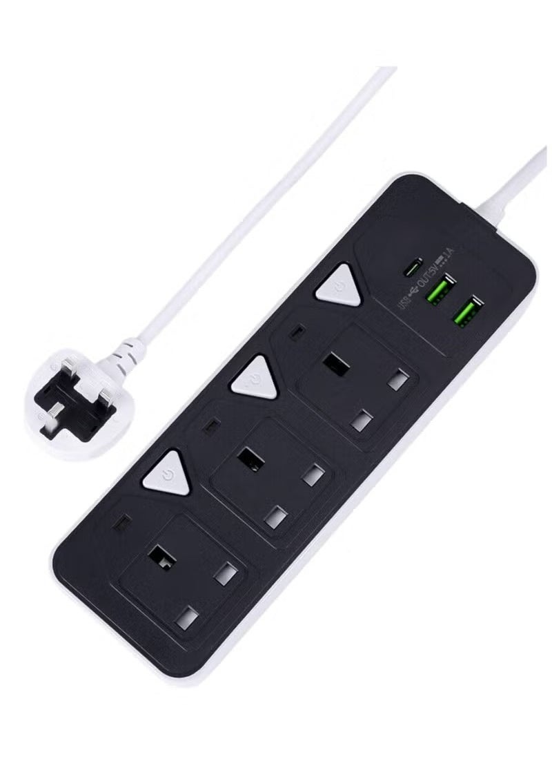 PowerMax - 3 Power Sockets + 2 USB Auto Max 3.4A Charging Socket – Fast Charging, PD Type-C Jack, Anti-Static Protection, Heavy-Duty Extension Cord – 2500W MX55 Power Capacity – Ideal for Home & Office - Image 1