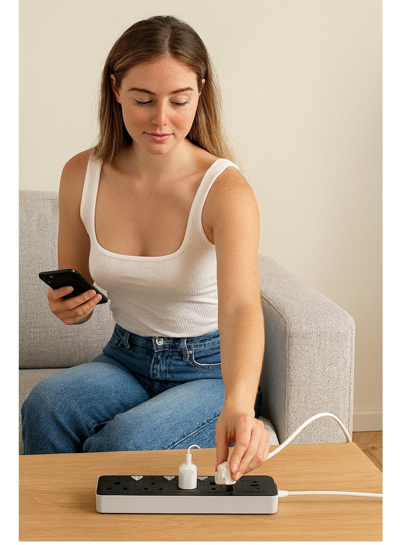 Powermax 6-in-1 Power Strip Extension – 2000W Max Socket Plug with 3 Way Outlets, 2 USB Ports & 1 PD Type-C | 3.4A Smart Fast Charging | 3M Heavy-Duty Extension Cord with Anti-Static Protection – Perfect for Home & Office - Image 3