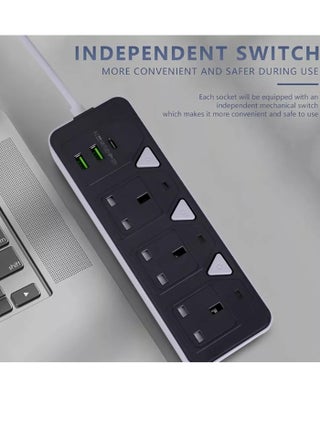 6-in-1 Power Strip Extension – 2000W Max Socket Plug with 3 Way Outlets, 2 USB Ports & 1 PD Type-C | 3.4A Smart Fast Charging | Heavy-Duty Extension Cord with Anti-Static Protection – Perfect for Home & Office - view 5