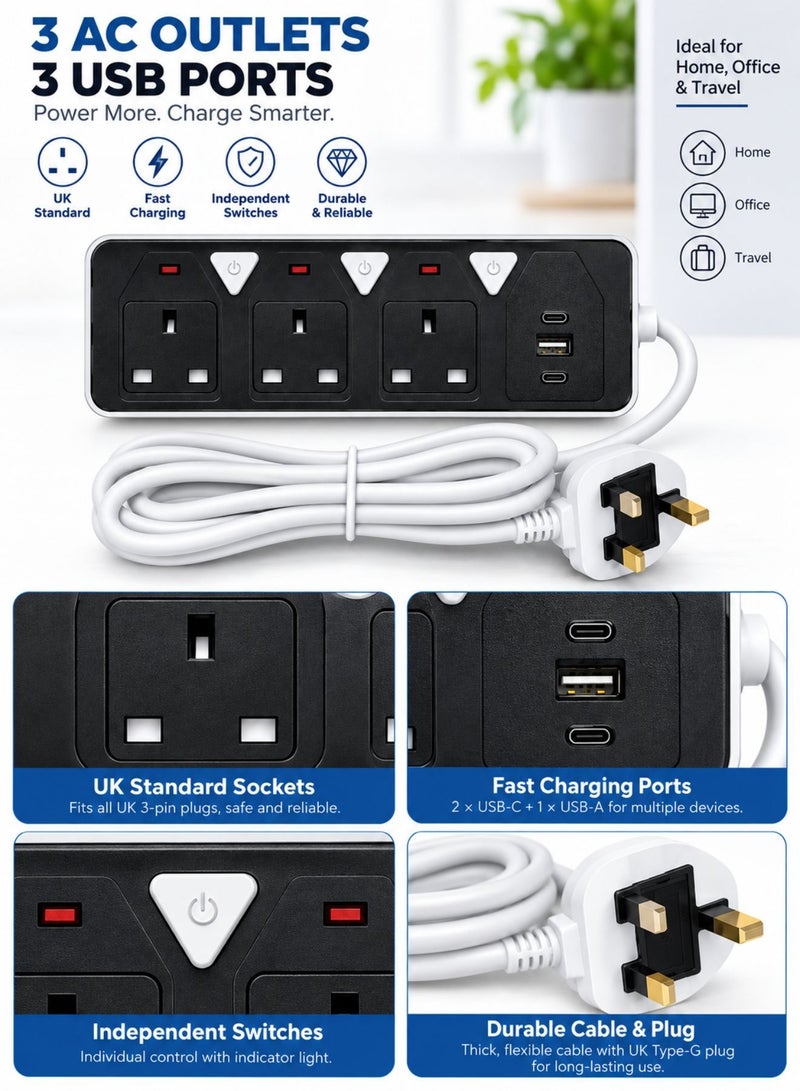 6-in-1 Power Strip Extension – 2500W Max Socket Plug with 3 Way Outlets, 1 USB Ports & 2 PD Type-C | Heavy-Duty Extension Cord with Anti-Static Protection – Perfect for Home & Office - Image 5