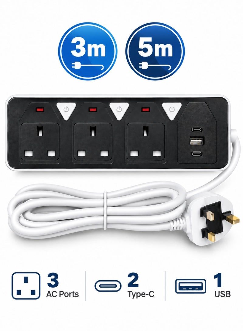 6-in-1 Power Strip Extension – 2500W Max Socket Plug with 3 Way Outlets, 1 USB Ports & 2 PD Type-C | Heavy-Duty Extension Cord with Anti-Static Protection – Perfect for Home & Office - Image 1
