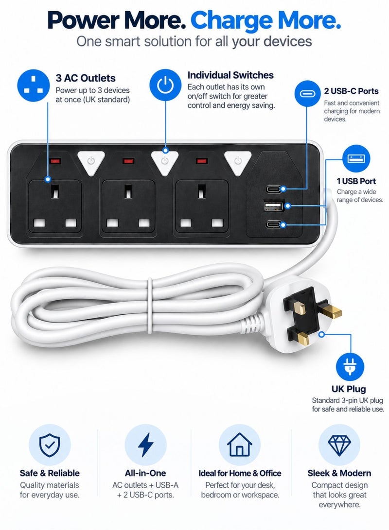 6-in-1 Power Strip Extension – 2500W Max Socket Plug with 3 Way Outlets, 1 USB Ports & 2 PD Type-C | Heavy-Duty Extension Cord with Anti-Static Protection – Perfect for Home & Office - Image 2