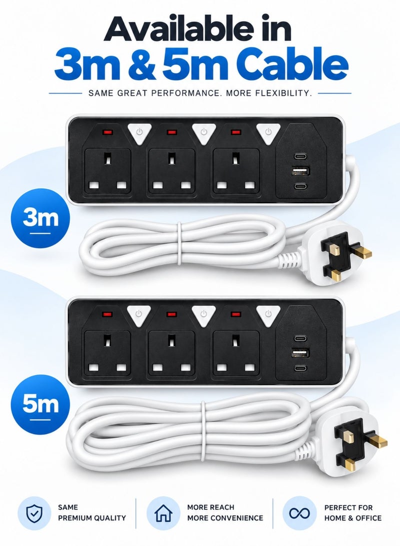 6-in-1 Power Strip Extension – 2500W Max Socket Plug with 3 Way Outlets, 1 USB Ports & 2 PD Type-C | Heavy-Duty Extension Cord with Anti-Static Protection – Perfect for Home & Office - Image 3