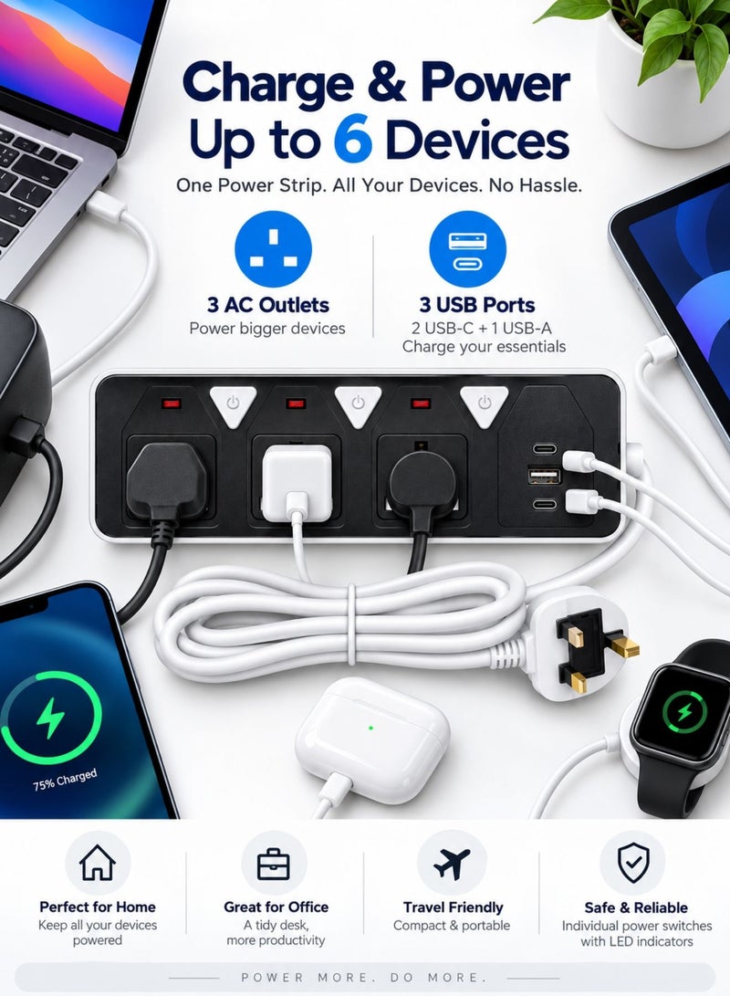 6-in-1 Power Strip Extension – 2500W Max Socket Plug with 3 Way Outlets, 1 USB Ports & 2 PD Type-C | Heavy-Duty Extension Cord with Anti-Static Protection – Perfect for Home & Office - Image 4