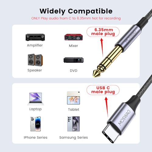 MOSWAG USB C to 1/4 Male Audio Stereo Cable, USB C to 6.35mm 1/4 TRS Audio Cable for Smartphones S25 S25+ Ultra iPhone 15 16 Pro Max Amp Speaker (10ft/3m) No Recording Support - Image 2