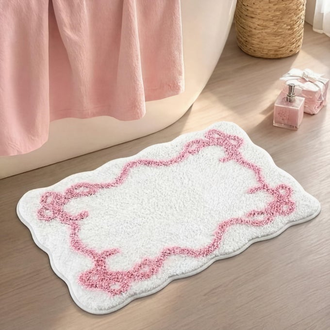 BOW BATHMAT RUG WITH SCALLOPED WAVY RIPPLE DESIGN MICROFIBER ABSORBENT NON SLIP TUFTED RUG AESTHETIC COQUETTE ROOM DECOR FOR FLOOR SHOWER KITCHEN 158 X 236 INCHPINK