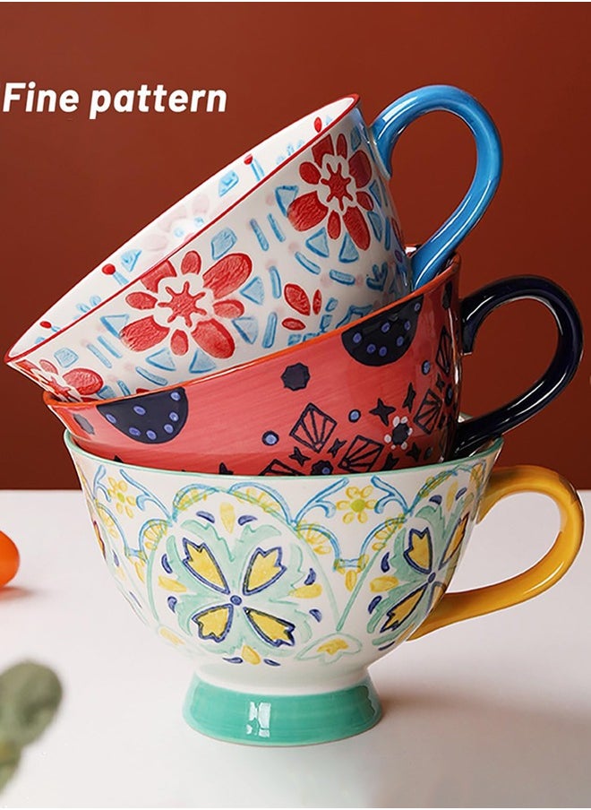 Garlo - Large Coffee Mugs Sets of 4, 420ml Footed Coffee Cups Set for Latte Cappuccino Hot Chocolate Soup, Hand-Painted Traditional Farmhouse Pattern - Image 1