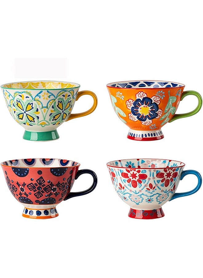 Garlo - Large Coffee Mugs Sets of 4, 420ml Footed Coffee Cups Set for Latte Cappuccino Hot Chocolate Soup, Hand-Painted Traditional Farmhouse Pattern - Image 1