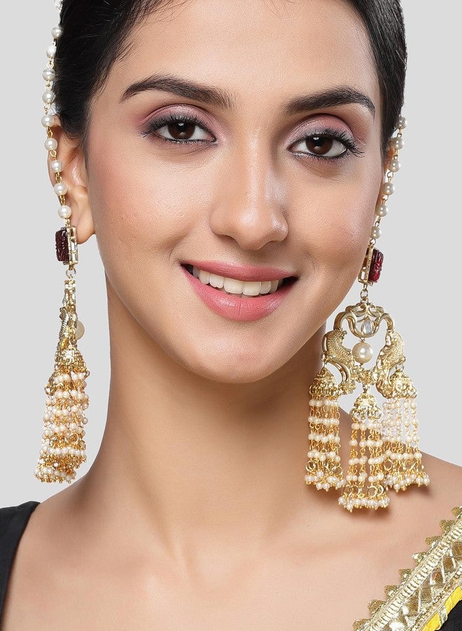 Karatcart Red Carved Stone and Pearl Kundan Kaanchain Drop Earring for Women - Image 3