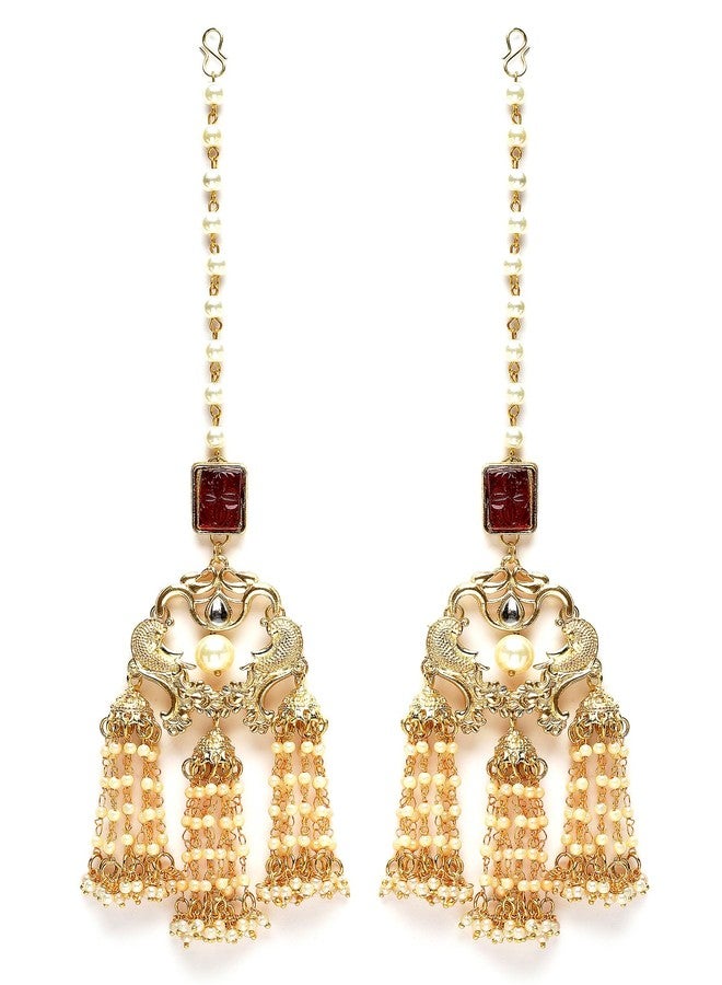 Karatcart Red Carved Stone and Pearl Kundan Kaanchain Drop Earring for Women - Image 1