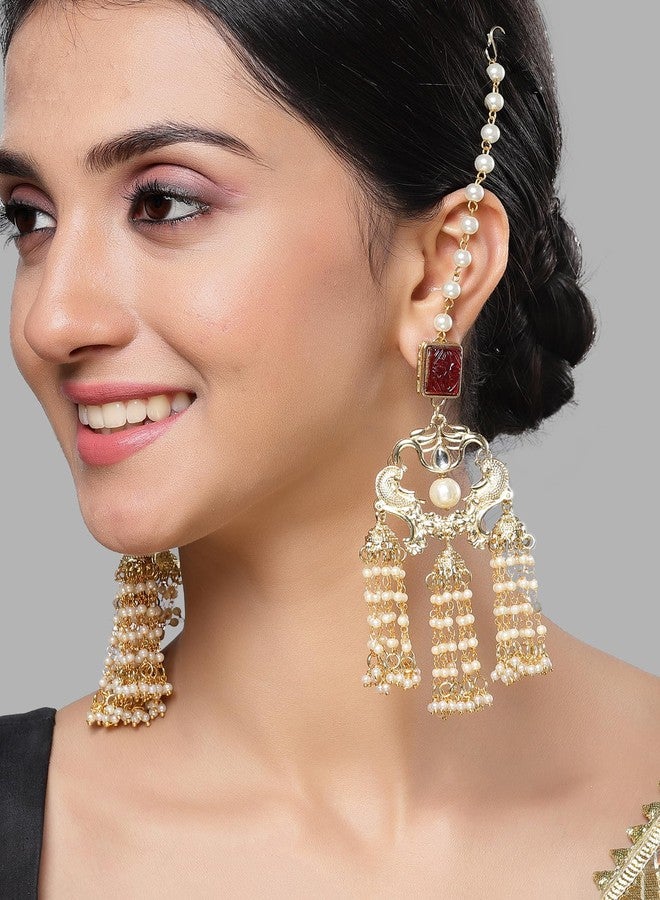 Karatcart Red Carved Stone and Pearl Kundan Kaanchain Drop Earring for Women - Image 2