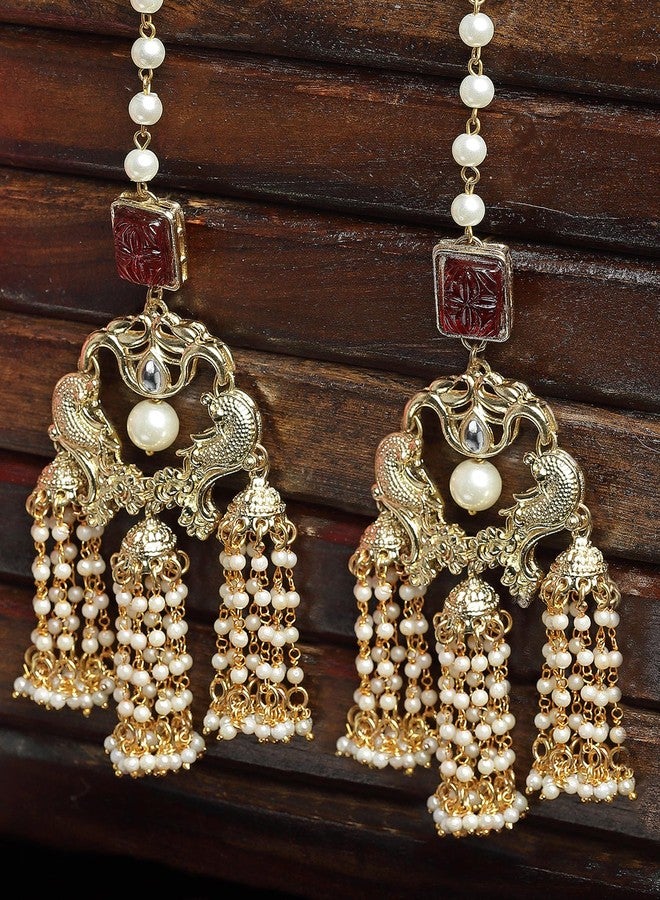 Karatcart Red Carved Stone and Pearl Kundan Kaanchain Drop Earring for Women - Image 4