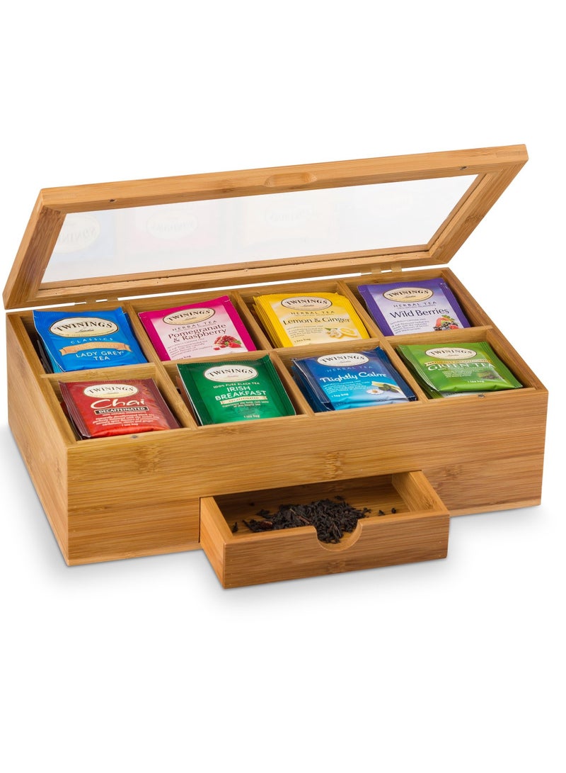 Bukela Tea Bag Organizer, Wooden Tea Box with 8 Compartments, Acrylic Window, and Magnetic Lid, Made of Bamboo - Keeps Tea Bags Fresh (Tea Not Included) - Great Gift Idea - Image 1