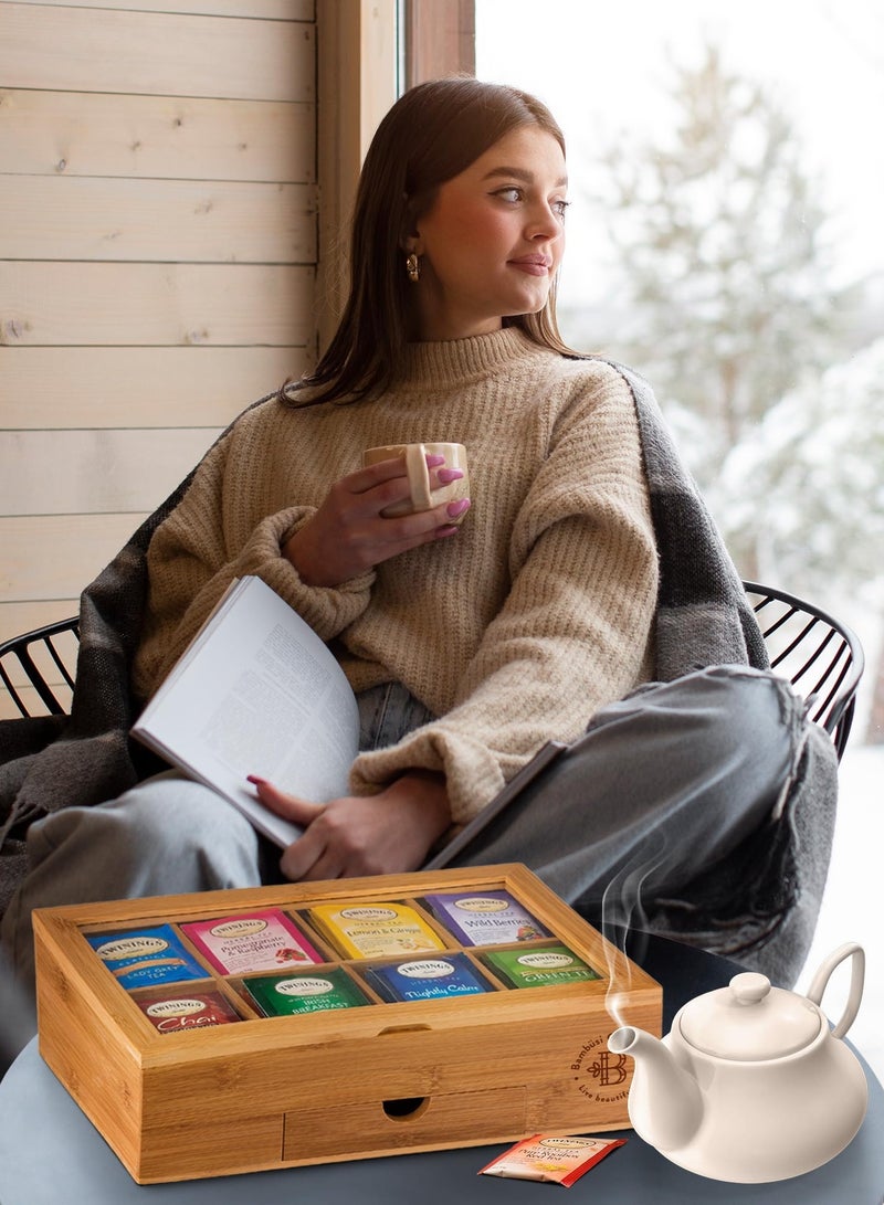 Bukela Tea Bag Organizer, Wooden Tea Box with 8 Compartments, Acrylic Window, and Magnetic Lid, Made of Bamboo - Keeps Tea Bags Fresh (Tea Not Included) - Great Gift Idea - Image 2
