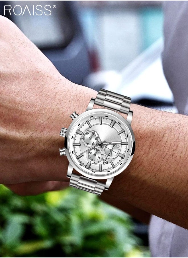 roaiss - Stainless Steel Strap Chronograph Quartz Watches for Men Round Dial Casual Sport Design 30M Waterproof Luminous Wristwatch as Gift for Male - Image 1